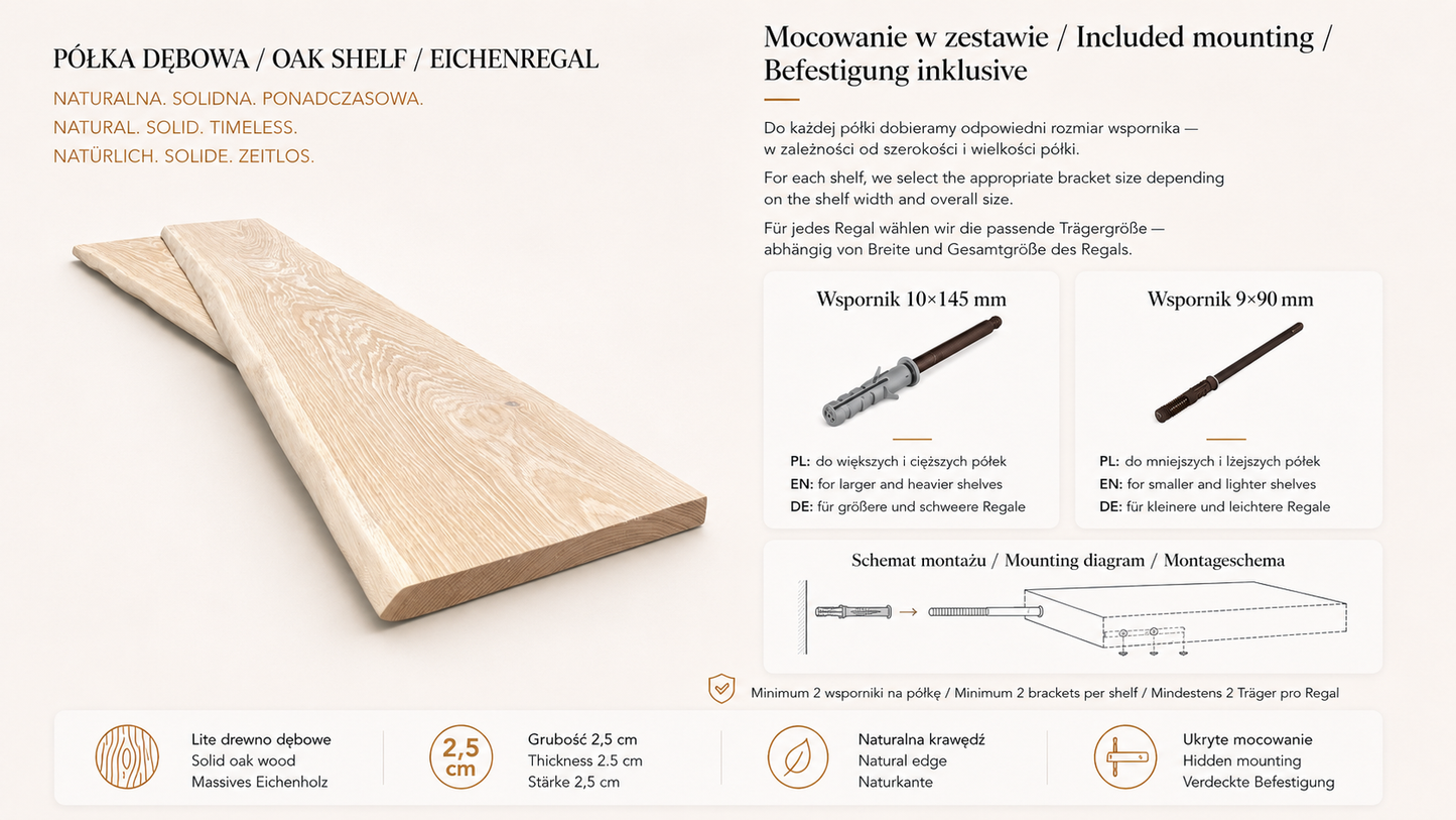 Handmade Soild Oak Shelf Natural Edge Thickness 2.5cm