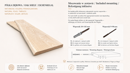 Handgefertigtes Regal aus massiver Eiche mit Naturkante, Stärke 2,5 cm