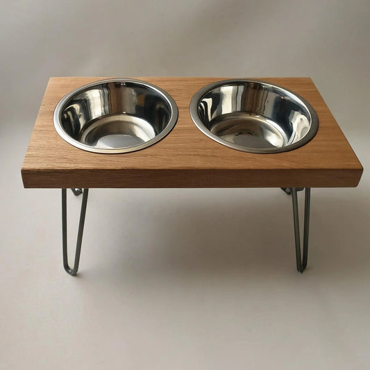 Handmade Wooden Pet Food Holder with Bowls